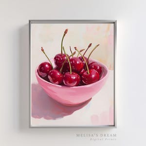 Cherry Wall Art Printable | Red Fruit in Pink Bowl Still Life | Kitchen Decor Download | Vibrant Digital Food Art Print | Summer Fruit