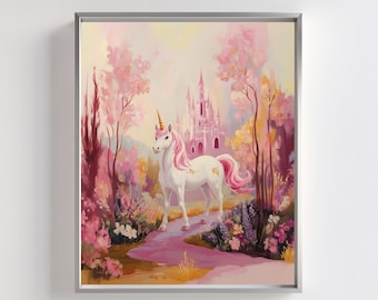 Pink Unicorn Castle Print: Fairytale Nursery Decor (Digital Download