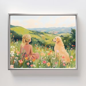Könnte beinhalten: Ein Gemälde, das ein junges Mädchen und einen Golden Retriever zeigt, die in einem Feld voller Wildblumen sitzen. Das Mädchen trägt ein rosa Kleid und der Hund schaut nach rechts. Der Hintergrund ist ein grüner, hügeliger Hang.