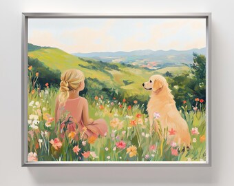 Girl and Dog Wildflower Meadow Painting: Whimsical Countryside Art (Digital Download)