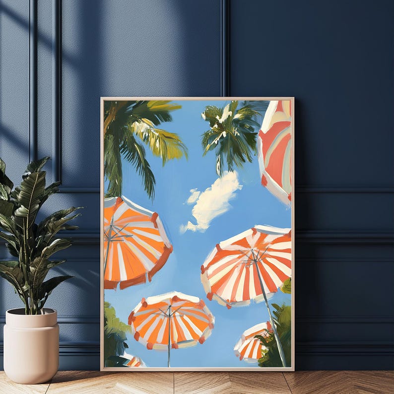 May include: A painting of a tropical scene with palm trees and orange and white striped umbrellas against a blue sky with white clouds.