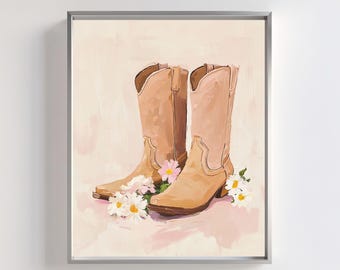 Cowgirl Boots Print: Rustic Western Floral Art - Farmhouse Boho Decor (Digital Download)