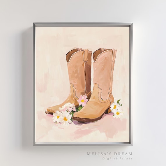 Cowgirl Boots Print: Rustic Western Floral Art Farmhouse Boho