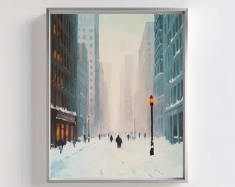 May include: A painting of a snowy city street with tall buildings on either side. The street is empty except for a few people walking in the distance. The sky is a pale blue and the buildings are a muted gray and blue. The streetlights are lit and cast a warm glow on the snow.
