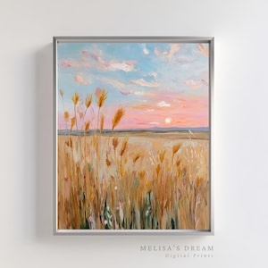 May include: A framed landscape painting depicts a wheat field at sunset. The sky transitions from blue to pink, with fluffy clouds. Tall, golden wheat stalks fill the foreground. The text "MELISA'S DREAM Digital Prints" is at the bottom.