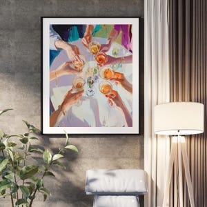 May include: A painting depicting a group of people raising their glasses in a toast. The glasses are filled with colourful liquids and the people are wearing colourful clothing. The painting is set against a white background.