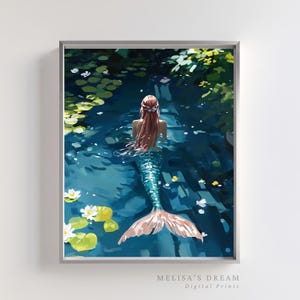 Mermaid Wall Art Printable Digital Painting | Fantasy Ocean Decor with Water Lilies | Mermaid Tail Illustration | Whimsical Pond Artwork