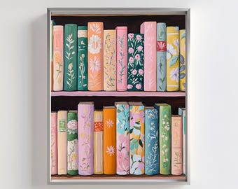 Vintage Book-Inspired Art | Book Decorative Wall Art | Book Person Art | Bookshelf Decor | Colorful Books Print | Girly Book Stack Painting