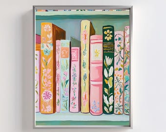 Pastel Book Stack Painting | Whimsical Bookshelf Wall Art | Reading Nook Decor Print | Modern Colorful Books Print | Book Lover Painting
