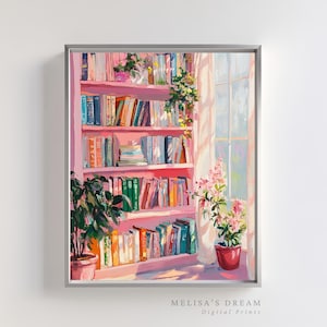 K&ouml;nnte beinhalten: Ein gerahmter Kunstdruck eines pinkfarbenen B&uuml;cherregals voller B&uuml;cher. Das Kunstwerk zeigt Topfpflanzen, ein Fenster mit Vorh&auml;ngen und den Text "MELISA'S DREAM Digital Prints" unten.