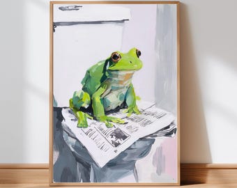 Funny Frog on Toilet Bathroom Print: Quirky Whimsical Wall Art (Digital Download)