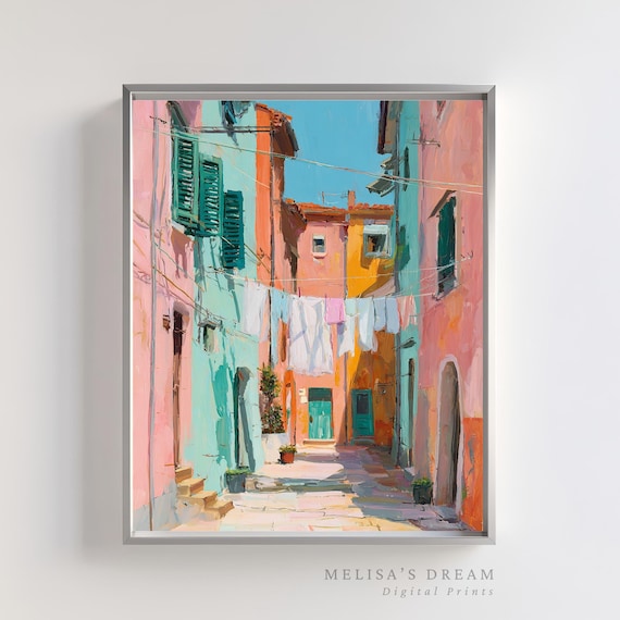 Italian Village Street Print: Colorful Mediterranean Home Decor (Digital Download)