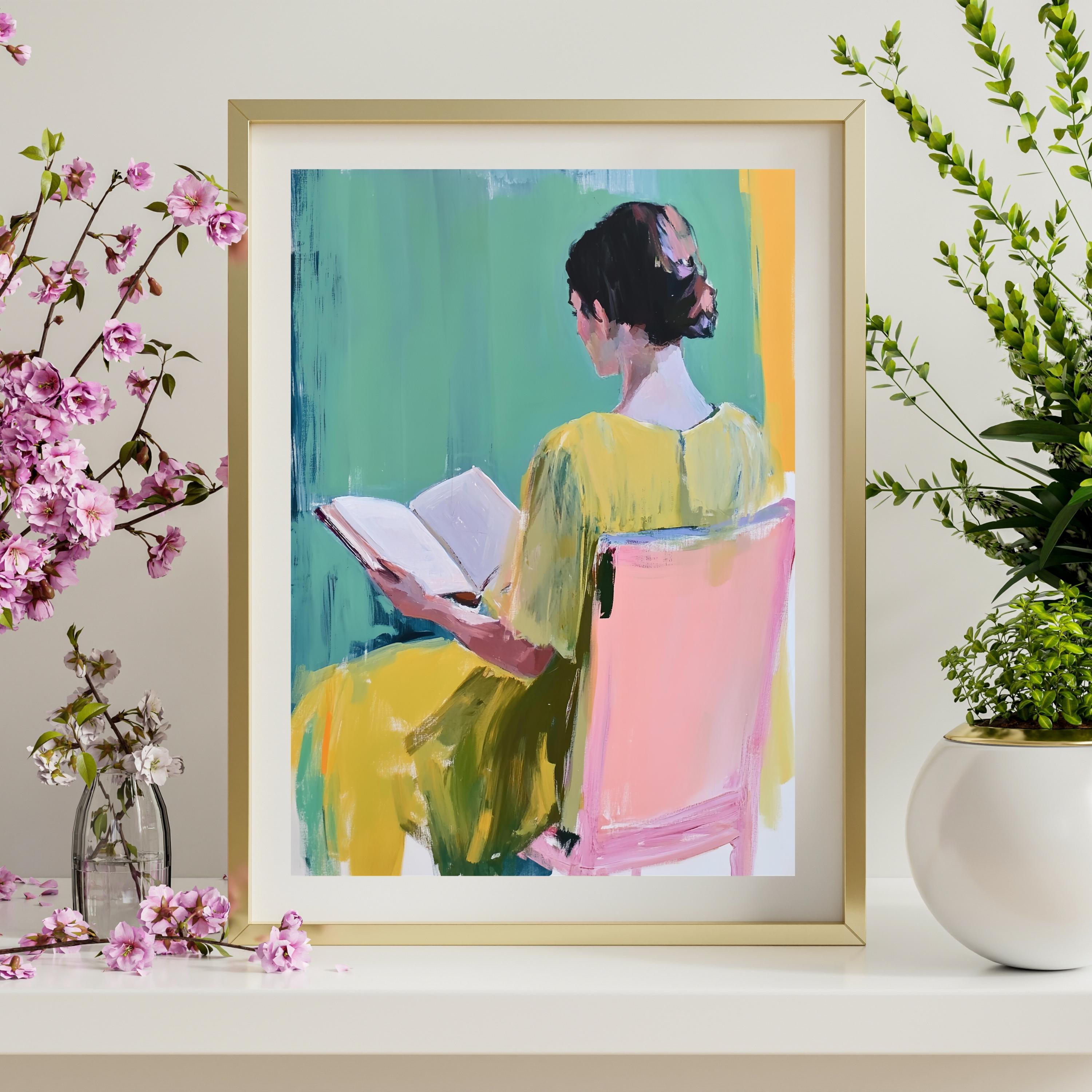 Woman Reading Art Print | Minimalist Yellow Dress Portrait (digital ...
