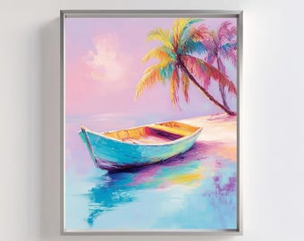 Impresión artística de un barco tropical: Escena de palmeras en la playa (descarga digital)