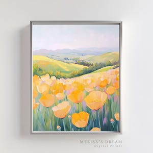 California Poppy Field Landscape Printable Wall Art | Wildflower Digital Painting | Rolling Hills Spring Decor | Countryside Floral Poster