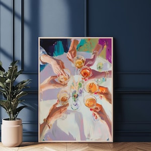 May include: A painting depicting a group of people raising their glasses in a toast. The glasses are filled with a golden liquid and the people are wearing colourful clothing. The painting is executed in a loose, impressionistic style.
