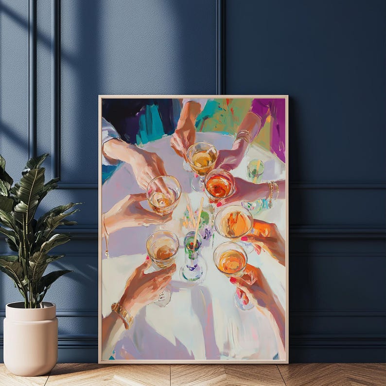 May include: A painting depicting a group of people raising their glasses in a toast. The glasses are filled with a golden liquid and the people are wearing colourful clothing. The painting is executed in a loose, impressionistic style.