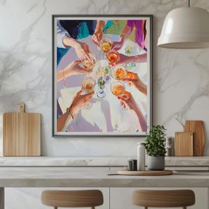 May include: A painting depicting a group of people raising their glasses in a toast. The glasses are filled with a variety of colourful drinks. The painting is executed in a loose, impressionistic style.