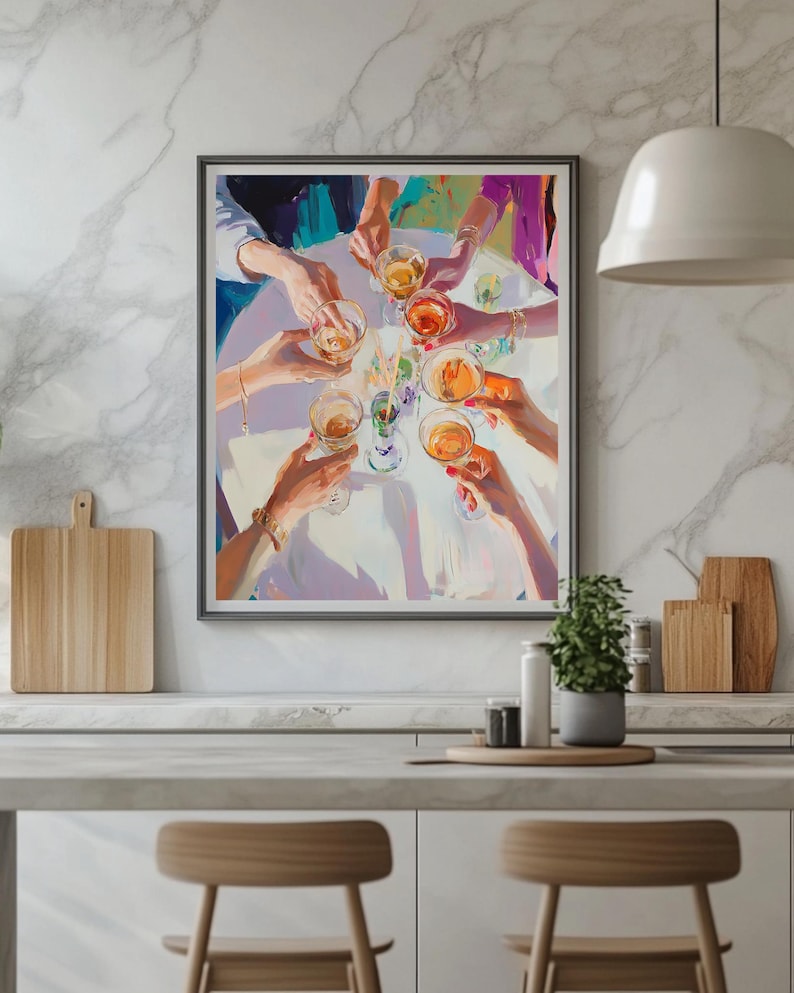 May include: A painting depicting a group of people raising their glasses in a toast. The glasses are filled with a variety of colourful drinks. The painting is executed in a loose, impressionistic style.