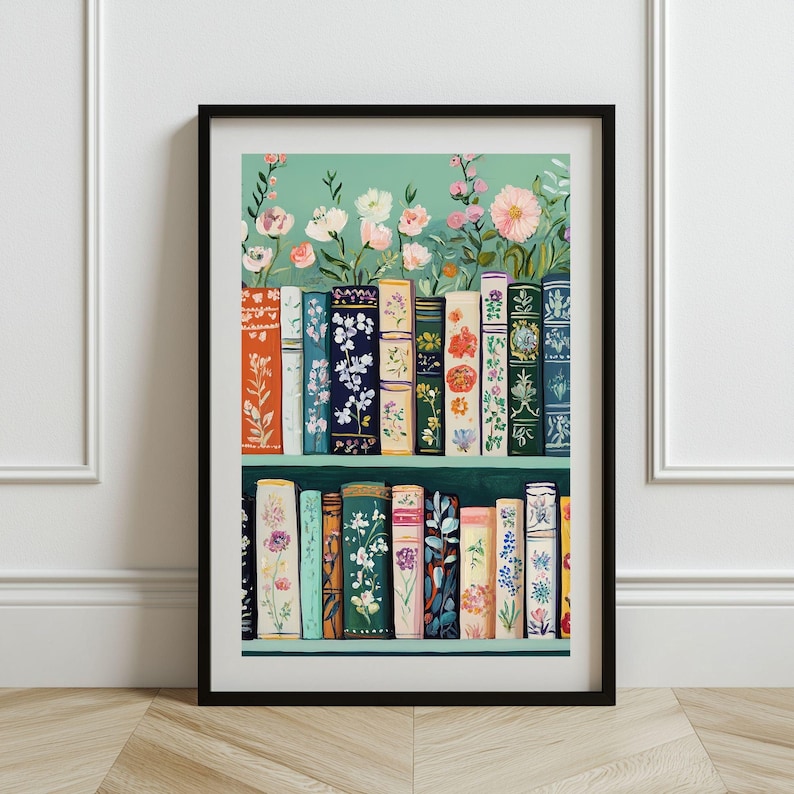 Floral Bookshelf Wall Art: Cottagecore Botanical Print (Digital Download) image 7