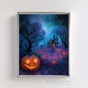 以下が含まれることがあります： ハロウィーンのシーンを描いた、額入りのデジタルプリント。 大きな笑顔のカボチャが前景にあり、お化け屋敷と光るカボチャが背景にあります。 カラーパレットには、オレンジ、紫、青の色合いが含まれています。 テキスト「MELISA'S DREAM Digital Prints」が下にあります。