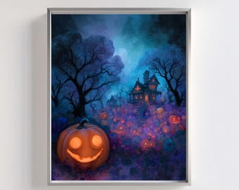 Haunted House Halloween Print: Spooky Pumpkin Patch Art (Digital Download