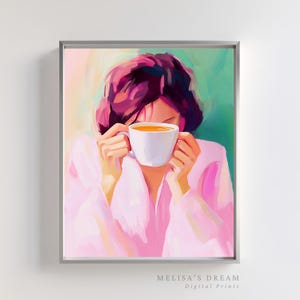 Cozy Morning Coffee Wall Art Printable | Woman in Pink Robe with Cup | Feminine Digital Art | Pastel Self-Care Decor | Modern Home Aesthetic