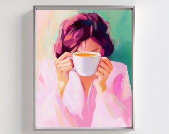 Cozy Morning Coffee Art Print: Woman in Pink Robe (Digital Download