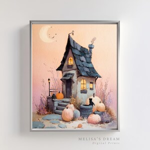 May include: A framed watercolor print of a whimsical cottage scene. The cottage has a dark blue roof, lit windows, and a chimney with smoke. Pumpkins, a black cat, and a crescent moon are also featured. The text "MELISA'S DREAM Digital Prints" is at the bottom.