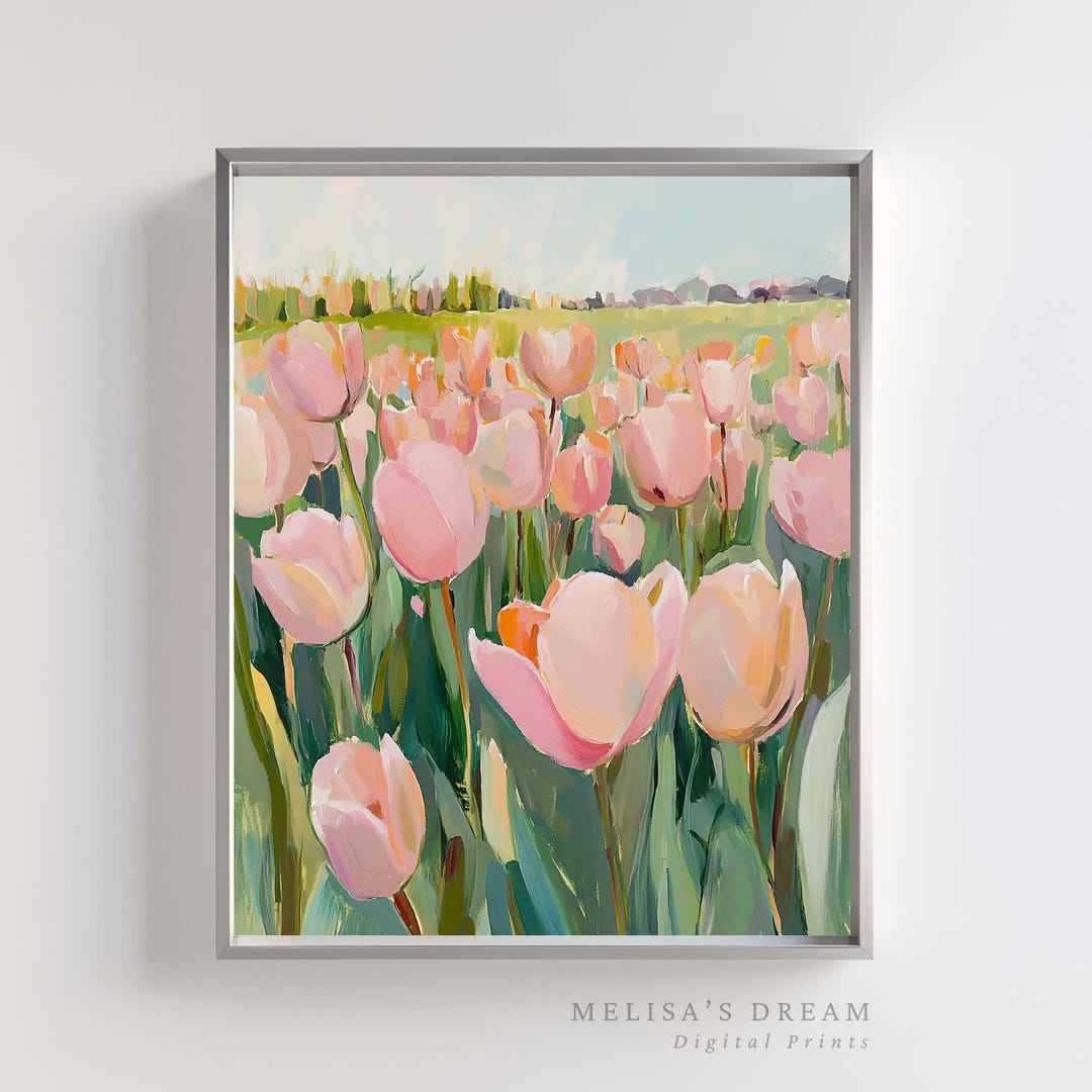 Pink Tulip Field Art Print: Impressionist Floral Landscape (digital ...
