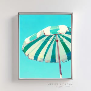 Beach Umbrella Art Print Coastal Wall Decor | Turquoise Teal Stripe Umbrella Painting Summer Beach Printable Ocean Coastal Artwork