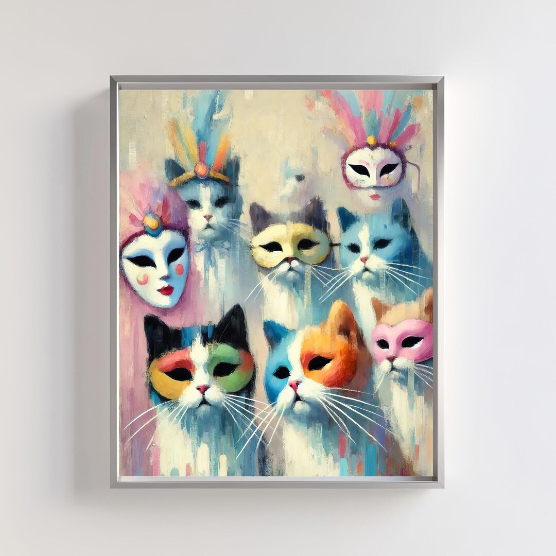 Whimsical Masked Cats Digital Wall Art Print | Colorful Feline Decor ...