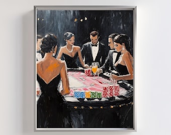 May include: A painting of a group of people playing cards at a table. The table is covered in a red felt and there are chips and cards scattered around. The people are dressed in formal attire and are all looking at the cards. The painting is done in a realistic style and has a dark background.