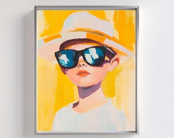 Sunglasses Kid Portrait Art: Modern Yellow Wall Decor (Digital Download)