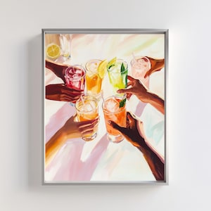 Add a touch of vibrancy and celebration to your space with this hand-painted cocktail-themed illustration. Featuring refreshing iced beverages in bright hues of orange, pink, red, and green, this art piece radiates the warmth of summer gatherings.