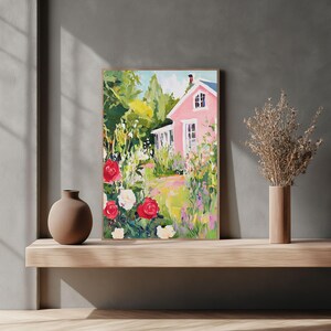 Cottage Garden Art | Pink House With Roses Digital Print | Floral ...
