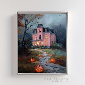 Haunted House Halloween Printable Wall Art | Gothic Victorian Mansion with Jack O Lantern Pathway | Spooky Autumn Night Digital Download