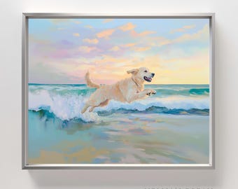 Impresión de Golden Retriever en la playa: Perro en acuarela al atardecer en el océano (Descarga digital)
