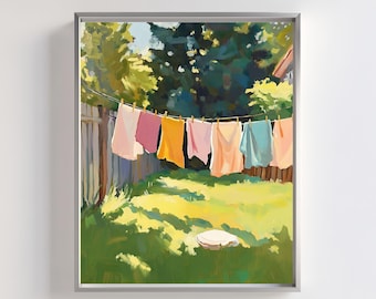 Laundry Clothesline Wall Art | Sunlit Clothe Hanging Art | Modern Antique Print | Clothesline Cottagecore & Vintage Backyard Painting Decor