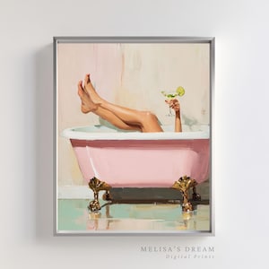 Rosa badkar med klorfotad konsttryck | Glamorös badrumsdekoration | Vintage Martini-flicka-målning | Digital nedladdning av kvinnlighet