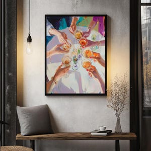 May include: A painting depicting a group of people raising their glasses in a toast. The glasses are filled with colourful drinks and the people are smiling. The painting is executed in a bright, colourful style.