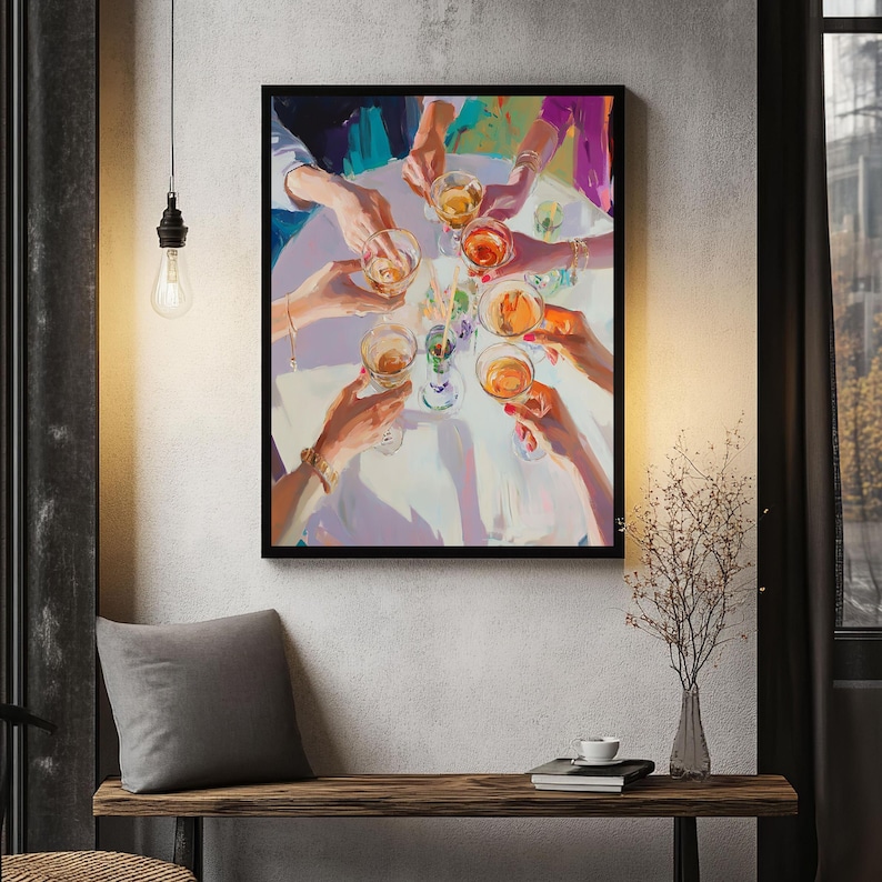 May include: A painting depicting a group of people raising their glasses in a toast. The glasses are filled with colourful drinks and the people are smiling. The painting is executed in a bright, colourful style.