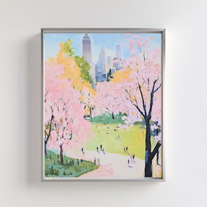 Décoration murale numérique Cherry Blossom Central Park | Décoration imprimable paysage urbain printanier | Art nature arbres en fleurs roses pour la maison | Oeuvre d&#39;art new-yorkaise