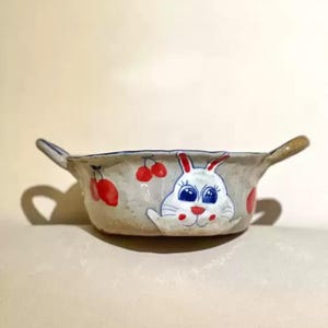 Unique Handmade Ceramic Fruit Plate with Hand-painted Rabbit and Cherry, Ceramic Plate, Pottery Bowl, Ceramic Bowl, Fairycore Pottery