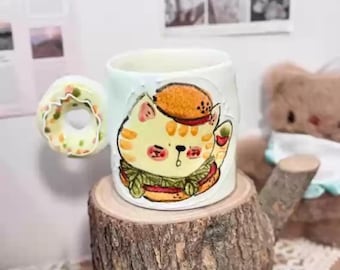 Ceramic Mug with Hand-Painted Cat Pottery Tea Cup with Hamburger Handle Handcrafted Ceramic Coffee Cup Tea Cup
