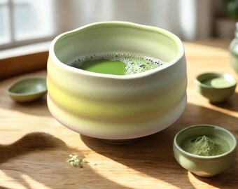 May include: A matcha tea set featuring a large, light green ceramic bowl filled with frothy green tea. The bowl has a textured, layered design. Small bowls with matcha powder and tea are also present, along with a wooden tray.