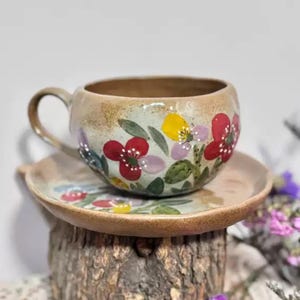 Unique Handmade Ceramic Tea Cup Set with Hand-painted Vintage Flower, Ceramic Coffee Cup with Saucer, Pottery Matcha Cup