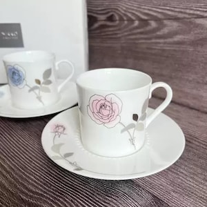 1 Pair of Japanese Unique Ceramic Coffee Cup Sets with Rose Painting, Ceramic Coffee Cup with Saucer, Pottery Tea Cup, Fine Bone China