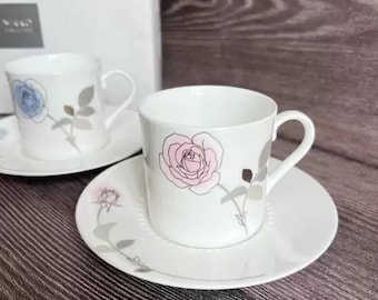 1 Pair of Japanese Unique Ceramic Coffee Cup Sets with Rose Painting, Ceramic Coffee Cup with Saucer, Pottery Tea Cup, Fine Bone China