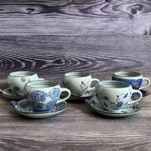 Japanese Unique Ceramic Coffee Cup Sets with Hand Paintings, Ceramic Coffee Cup with Saucer, Pottery Tea Cup